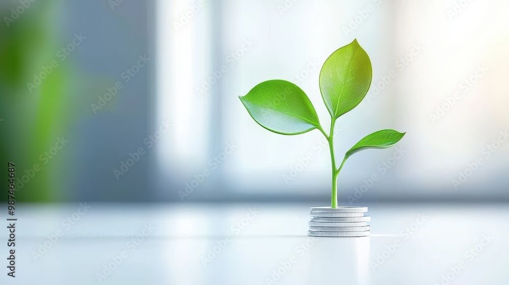 Green Plant Growing on Coins Symbolizing Wealth and Growth Green Plant Growing on Coins Symbolizing Wealth and Growth