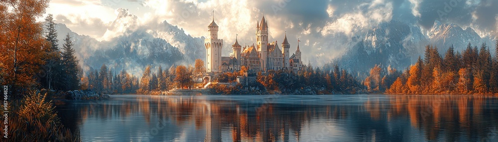 Naklejka premium Scenic Castle Landscape with Reflection in Water
