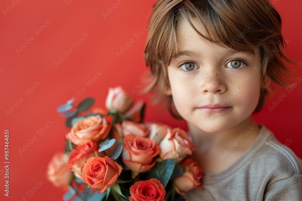 Adorable boy holding a bouquet of orange roses on red background Adorable boy holding a bouquet of orange roses on red background