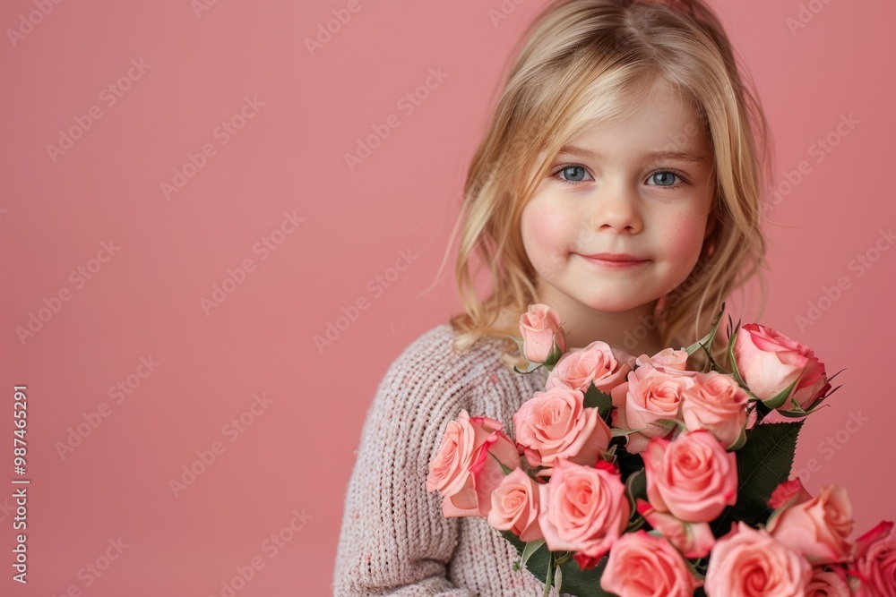 Adorable blonde girl holding a bouquet of pink roses on a pink background Adorable blonde girl holding a bouquet of pink roses on a pink background