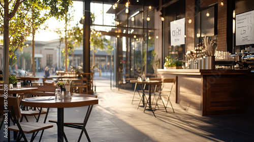 Urban street cafe with ambient lighting casting a warm glow over the tables. Urban cafe in the city. 
