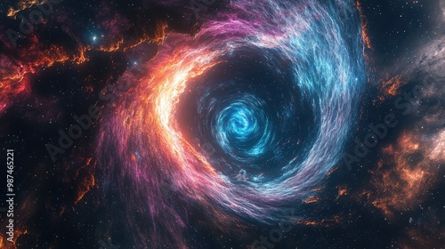 A swirling 3D galactic nebula glowing with intense colors, stretching through a distant galaxy.