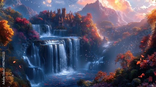 Majestic Surreal Waterfalls in a Dreamlike Landscape