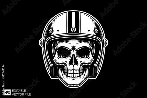 skull head wearing helmet dark art style vector design black and white illustration