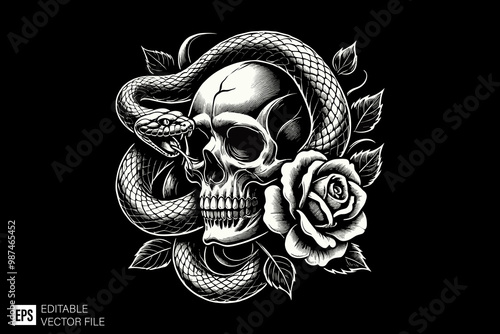 skull head with snake dark art style vector design black and white illustration