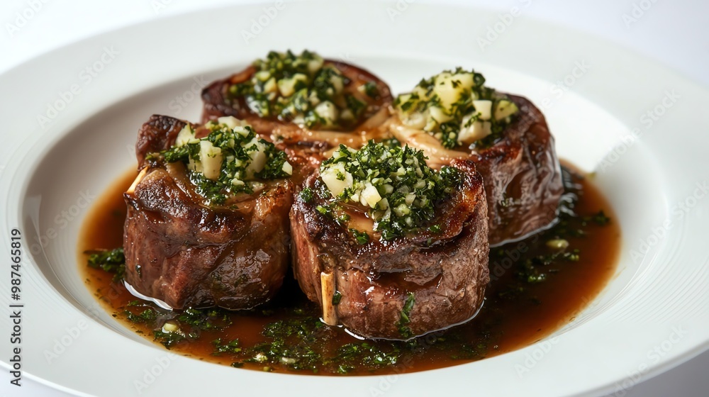 A plated meal of roasted lamb shanks with a sauce and garnish. A plated meal of roasted lamb shanks with a sauce and garnish.