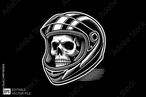 skull head wearing helmet dark art style vector design black and white illustration