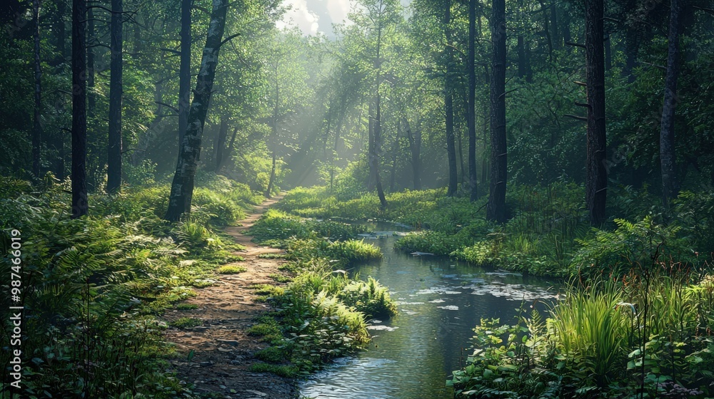 Fototapeta premium Serene Forest Pathway in Morning Light