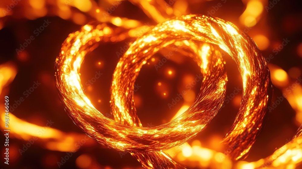 A twisting 3D fire rope glowing brightly as it coils and swirls in abstract patterns. A twisting 3D fire rope glowing brightly as it coils and swirls in abstract patterns.
