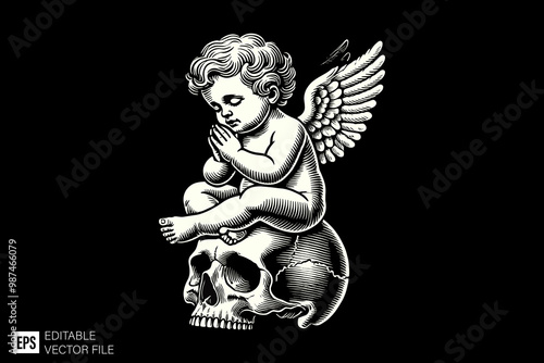 vintage cupid holding gun dark art style vector design black and white illustration