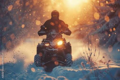 Man riding atv in snowy forest at sunset