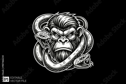 angry ape dark art style vector design black and white illustration