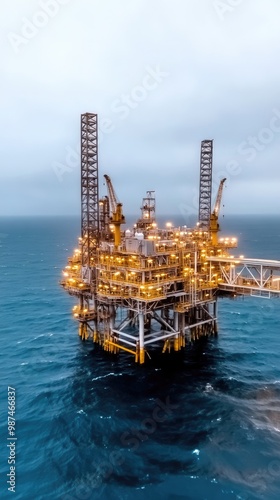 An oil rig operates actively against the backdrop of a gloomy sky, showcasing illuminated platforms and workers engaged in their tasks at sea