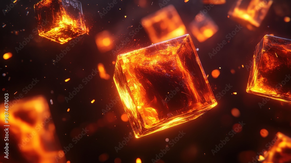 Floating 3D cubes of fire suspended in mid-air, glowing brightly and flickering with energy. Floating 3D cubes of fire suspended in mid-air, glowing brightly and flickering with energy.