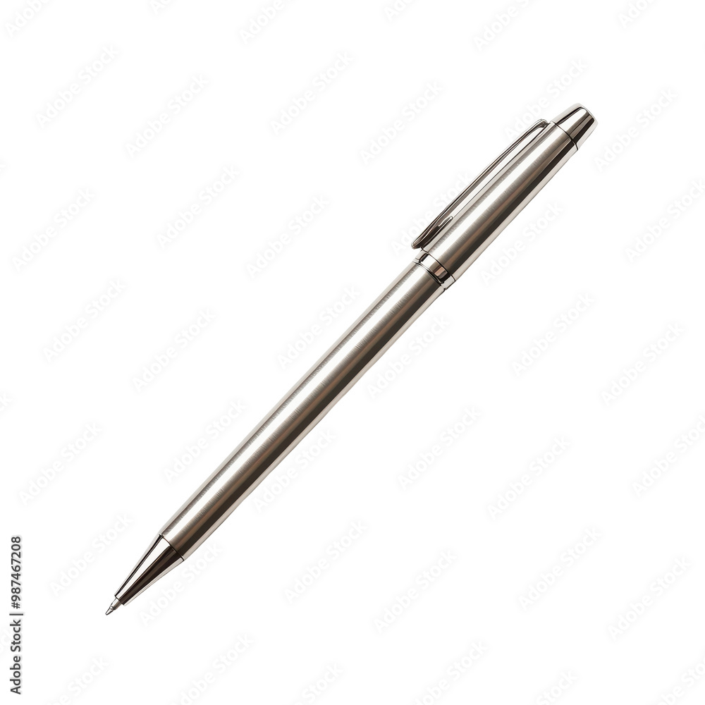 A sleek silver pen resting on a clean surface, perfect for branding, writing, and elegance in office supplies. A sleek silver pen resting on a clean surface, perfect for branding, writing, and elegance in office supplies.