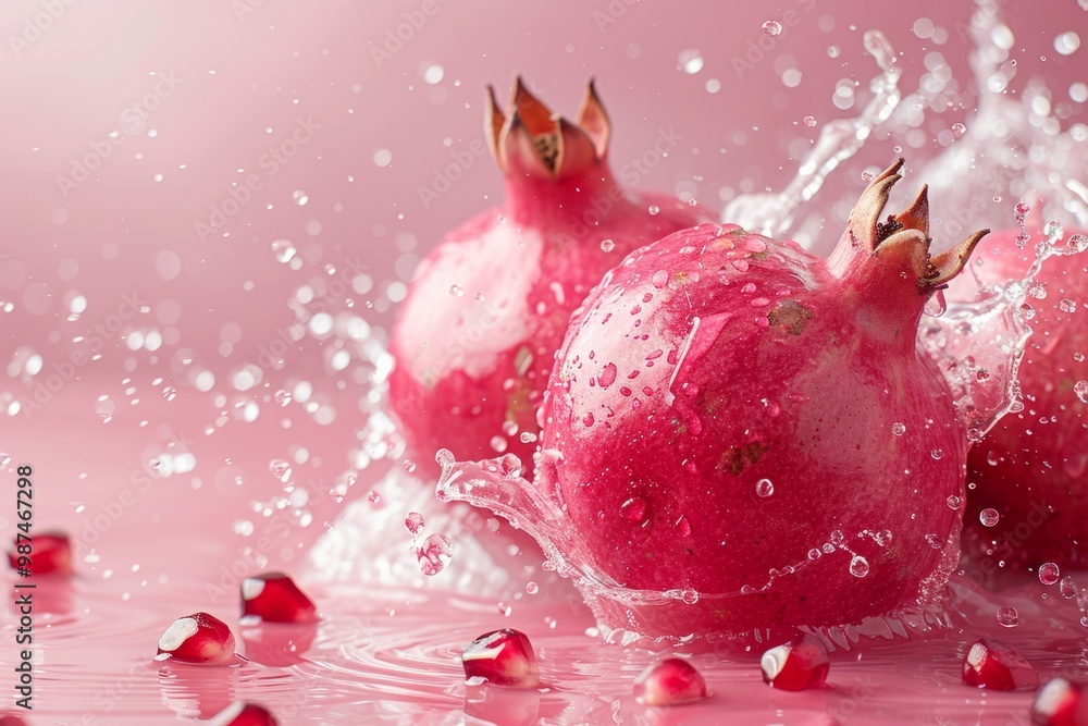 Ripe pomegranate splashing into water on pink background Ripe pomegranate splashing into water on pink background