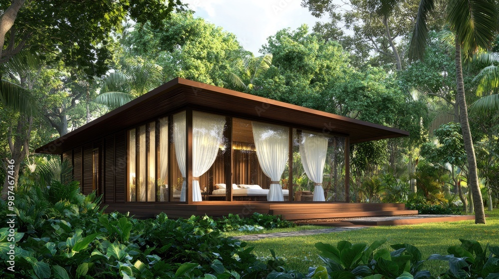 A striking wooden house is nestled within a vibrant forest, boasting modern architecture with large windows that invite the natural environment inside, enhancing the tranquil atmosphere. A striking wooden house is nestled within a vibrant forest, boasting modern architecture with large windows that invite the natural environment inside, enhancing the tranquil atmosphere.