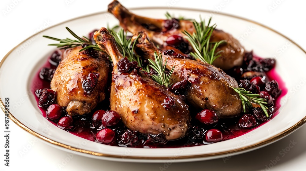 A plate of roasted duck with a cranberry sauce and orange slices. A plate of roasted duck with a cranberry sauce and orange slices.