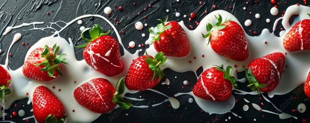 Ripe red strawberries dipped in white chocolate on black background Ripe red strawberries dipped in white chocolate on black background