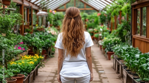 With her back to the camera, a woman highlights the natural beauty of her long, wavy hair surrounded by vibrant green plants in a tranquil setting photo