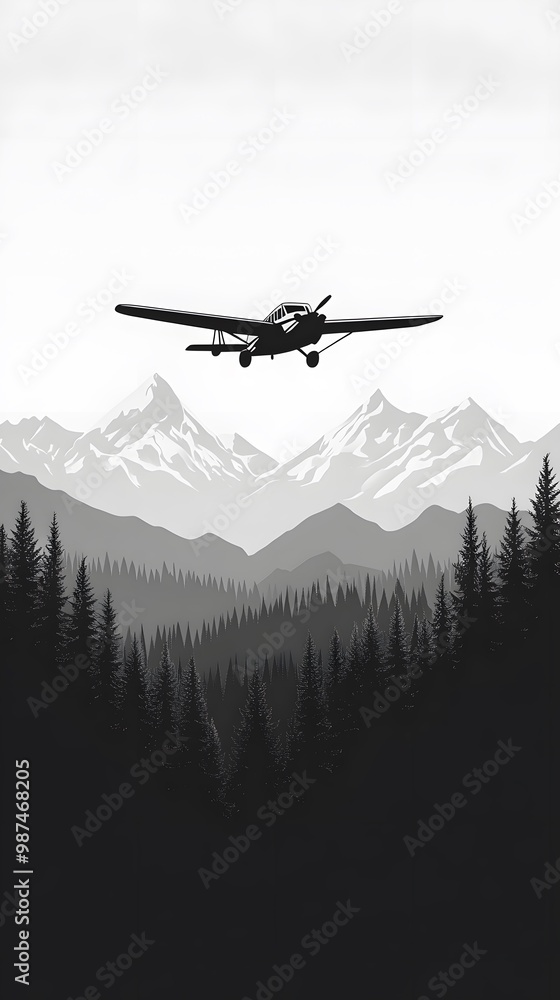 A black-and-white, simple vector graphic of an old plane flying over the mountains A black-and-white, simple vector graphic of an old plane flying over the mountains