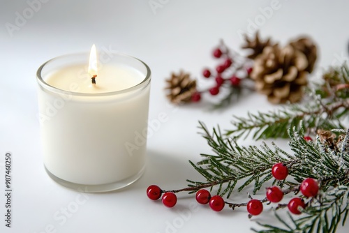 Lit candle with pine branches and red berries