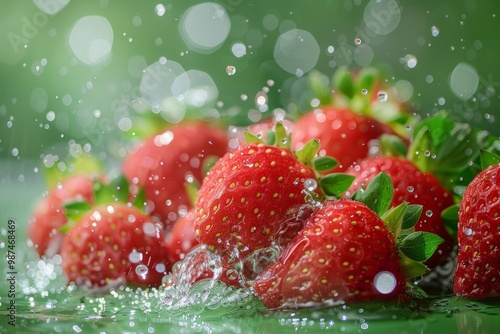 Fresh strawberries being splashed with water on dark green background
