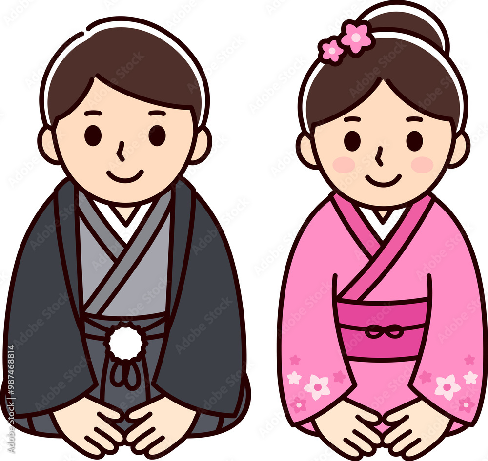 Cute boy and girl couple in national Japanese costume doing kneeling bow (zarei). Isolated clip art illustration. Cute boy and girl couple in national Japanese costume doing kneeling bow (zarei). Isolated clip art illustration.