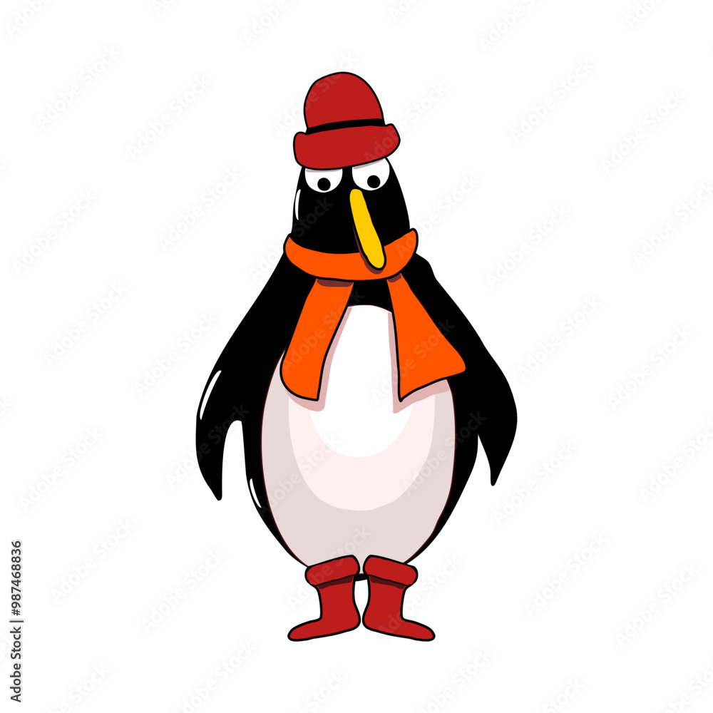 penguin in a hat. Cute cartoon penguin wearing a red hat and wearing shoes standing straight on a white background penguin in a hat. Cute cartoon penguin wearing a red hat and wearing shoes standing straight on a white background