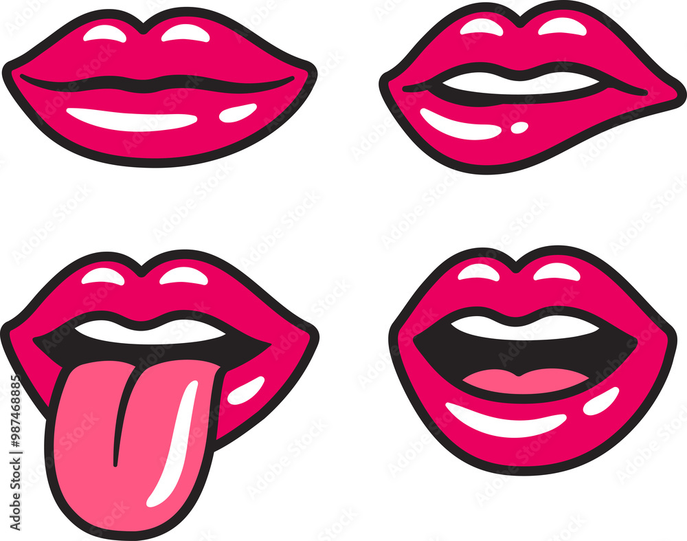 Obraz premium Cartoon red sexy female lips set. Open and closed mouth, tongue sticking out, biting lip. Isolated illustrations