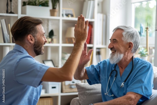 Wallpaper Mural Nurse doctor senior care caregiver help assistence high five retirement home nursing elderly health support teamwork man Torontodigital.ca
