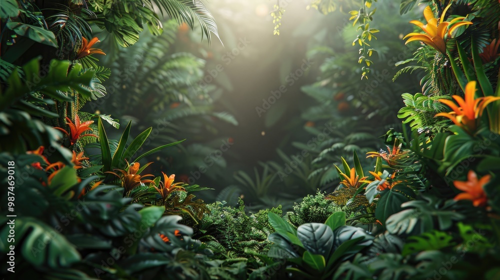 Jungle foliage across all sides with blank space, black background, high contrast, soft gradient. Jungle foliage across all sides with blank space, black background, high contrast, soft gradient.