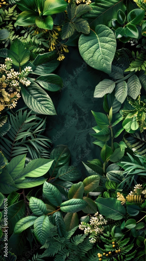 Obraz premium Jungle foliage across all sides with blank space, black background, high contrast, soft gradient.