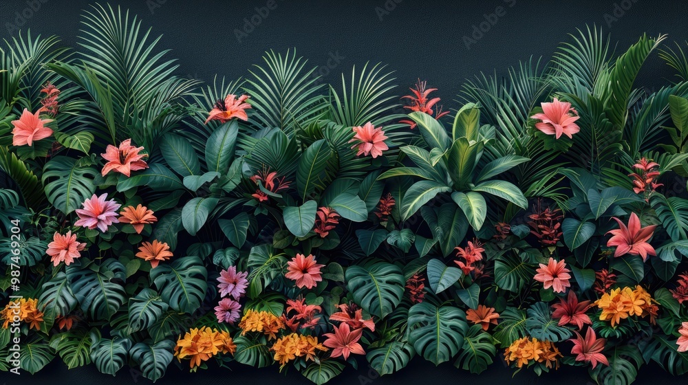 Jungle foliage across all sides with blank space, black background, high contrast, soft gradient. Jungle foliage across all sides with blank space, black background, high contrast, soft gradient.