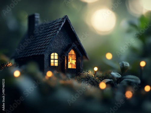 Wallpaper Mural A charming miniature house illuminated at night surrounded by soft glowing lights. Torontodigital.ca