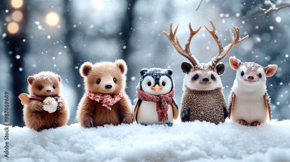 A cute bear, hedgehog, and penguin gather on a snowy background, showcasing Scandinavian design. The animals exhibit a charming, high-detail style perfect for winter themes A cute bear, hedgehog, and penguin gather on a snowy background, showcasing Scandinavian design. The animals exhibit a charming, high-detail style perfect for winter themes