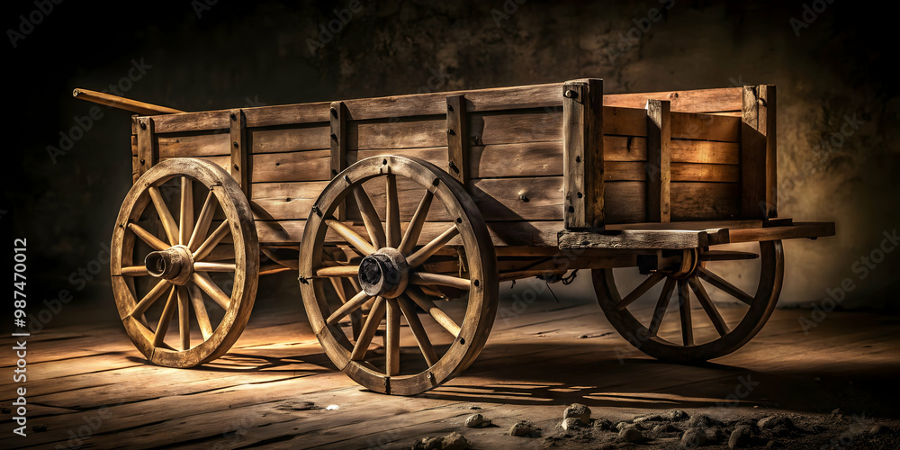 Fototapeta premium A rustic wooden cart wagon with worn wheels stands against a dark, shadowy background. The wood shows signs of age with visible cracks and weathering, casting long shadows on the ground, while a subtl