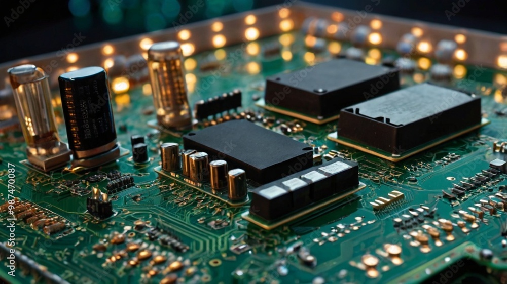 Obraz premium Cpu computer chip on motherboard blue light theme,Computer processor on motherboard with blue illumination.