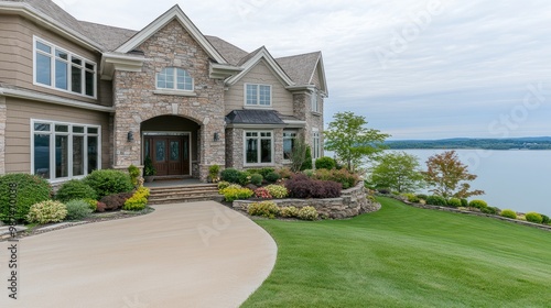 Several elegant homes line the picturesque shore of a Kentucky lake, featuring stone and wood exteriors, lush lawns, and breathtaking views of the serene water