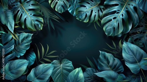 Jungle foliage across all sides with blank space, black background, high contrast, soft gradient.