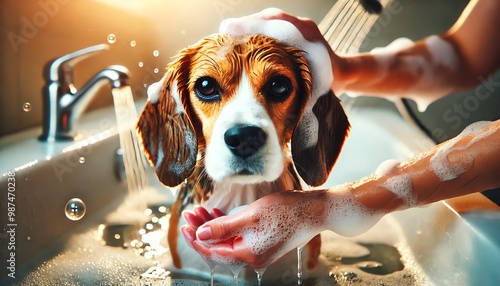 A Beagle being bathed, with water and detailed soap bubbles and foam covering its fur photo