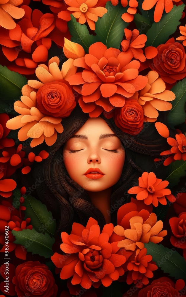 A serene face surrounded by vibrant red and orange flowers, showcasing natural beauty. A serene face surrounded by vibrant red and orange flowers, showcasing natural beauty.