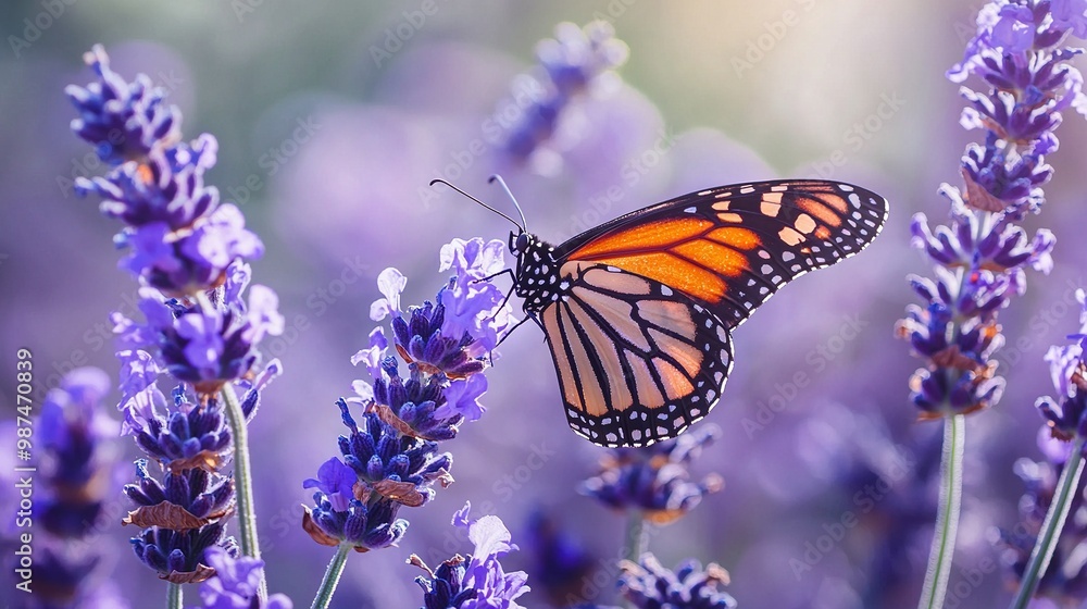 A butterfly perched on a purple-flowered plant, with a blurry background A butterfly perched on a purple-flowered plant, with a blurry background