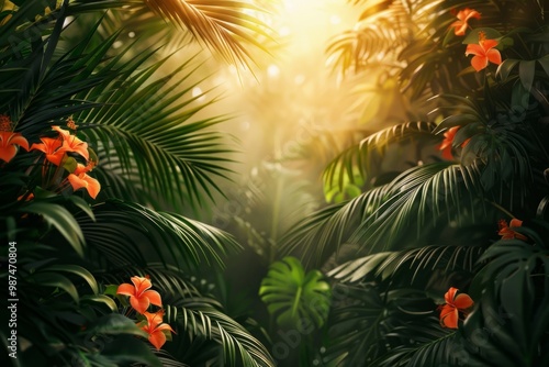 Sunlight shining through lush green tropical leaves. Copy space for text