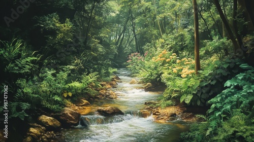 Serene Forest Stream Flowing Through Lush Greenery and Vibrant Flowers in a Tranquil Natural Setting