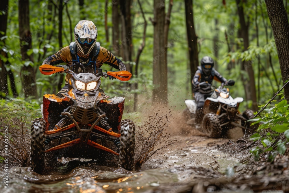 Two men riding atv quads in muddy forest at sunset Two men riding atv quads in muddy forest at sunset