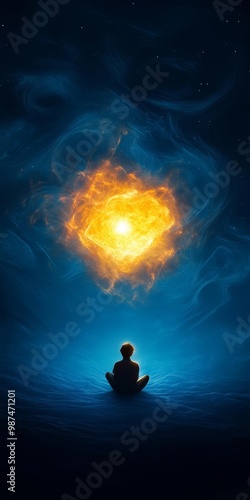 A tranquil figure meditating under a bright, glowing orb in a cosmic setting.