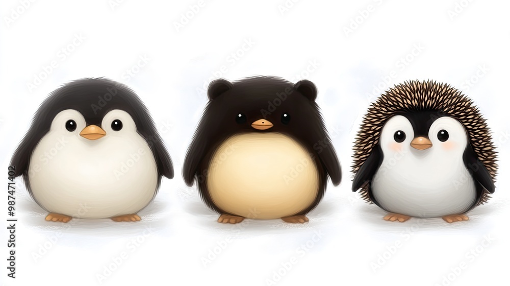 Fototapeta premium A delightful winter scene features a bear and penguin in colorful scarves, a hedgehog with antlers, and an owl on a tree branch, all set against a snowy backdrop