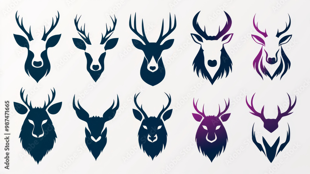 A set of 10 deer head silhouettes in blue and purple. A set of 10 deer head silhouettes in blue and purple.