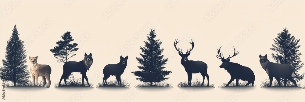 Fototapeta premium Silhouettes of woodland animals and trees.